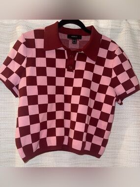 Forever 21 Pink and Burgundy Checkered Polo Knit Top
